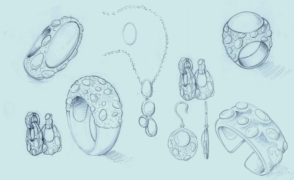 Croquis de plusieurs bijoux par CPL Design, agence de design produit et marque